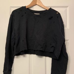 Black Ripped Cropped Crewneck